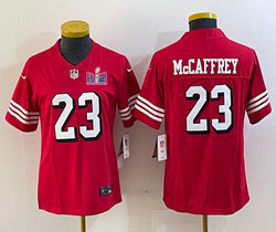 Youth Nike San Francisco 49ers #23 Christian McCaffrey Red 2023 F.U.S.E have the black outline With 2024 Super Bowl (LVIII ) patch Jersey