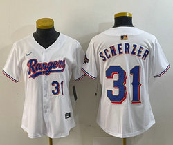 Youth Nike Texas Rangers #31 Max Scherzer White Champions Gold name Blue 31 front Authentic Stitched MLB Jersey