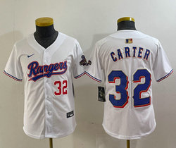 Youth Nike Texas Rangers #32 Evan Carter White Champions Gold name Red 32 front Authentic Stitched MLB Jersey
