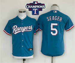 Youth Nike Texas Rangers #5 Corey Seager Light Blue 2023 World Series Champions Game Authentic Stitched MLB Jersey