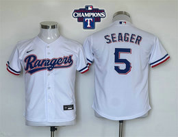 Youth Nike Texas Rangers #5 Corey Seager White 2023 World Series Champions Patch Authentic Stitched MLB Jersey