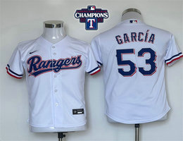 Youth Nike Texas Rangers #53 Adolis Garcia White 2023 World Series Champions Patch Authentic Stitched MLB Jersey