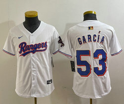 Youth Nike Texas Rangers #53 Adolis Garcia White Champions Gold name Authentic Stitched MLB Jersey