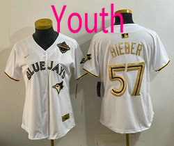 Youth Nike Toronto Blue Jays #57 Shane Bieber White Gold Champion Baseball Jersey