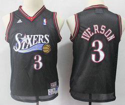 Youth Philadelphia 76ers #3 Allen Iverson Black Throwback Stitched NBA Jersey