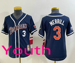 Youth San Diego Padres #3 Jackson Merrill Navy Throwback Authentic Stitched MLB jersey
