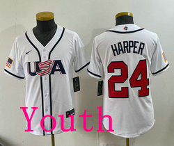 Youth Team USA #24 Bryce Harper White 2026 World Baseball Classic Stadium Jersey