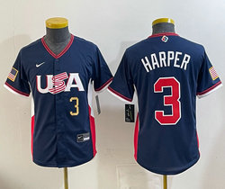 Youth Team USA #3 Bryce Harper Navy 2026 World Baseball Classic Stadium Jersey